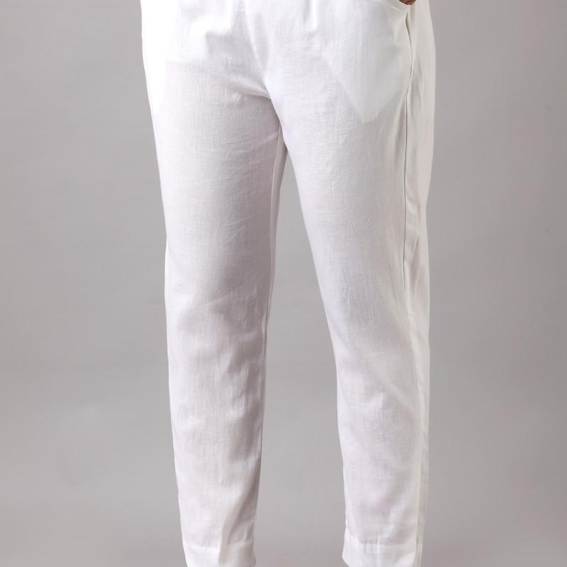 Martini - Plus SizeWhite Solid Straight Cotton Flex Pants With Drawstring