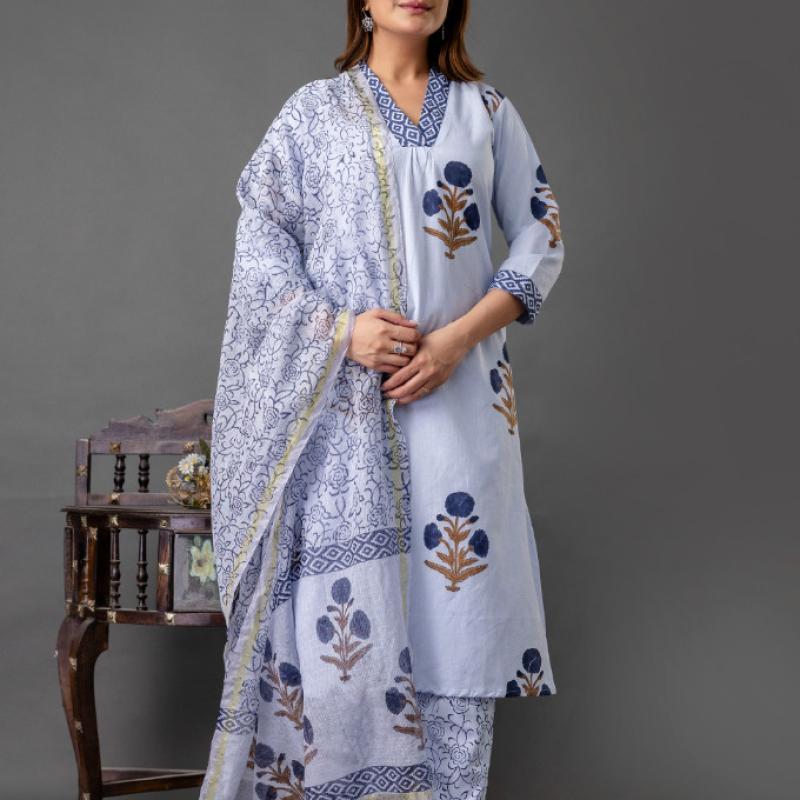 Martini - Cotton Floral Hand Block Printed Kurti with Pant and Dupatta