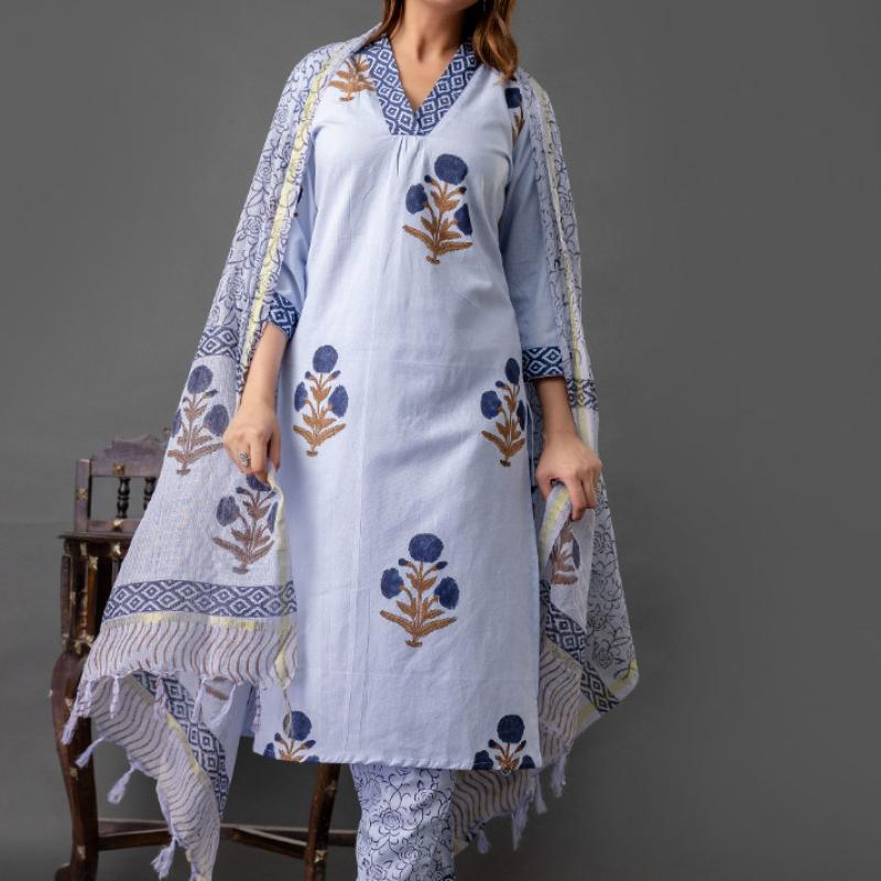 Martini - Cotton Floral Hand Block Printed Kurti with Pant and Dupatta