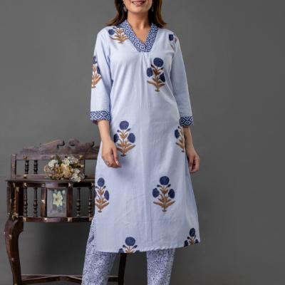Martini - Cotton Floral Hand Block Printed Kurti with Pant and Dupatta