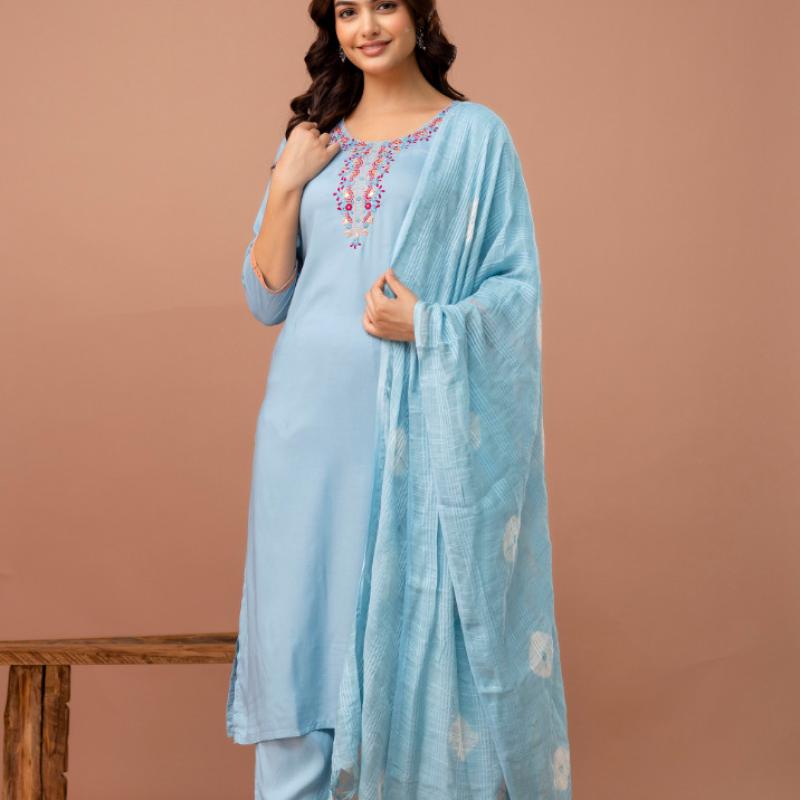 Martini - Soft Modal Embroidery Kurti with Pant and Dupatta