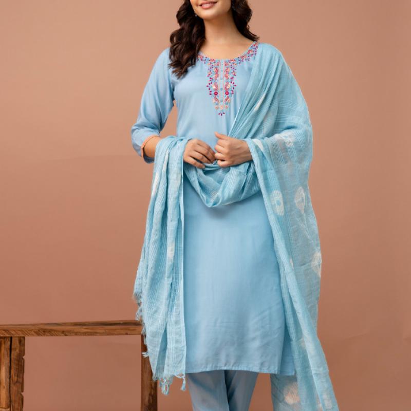 Martini - Soft Modal Embroidery Kurti with Pant and Dupatta