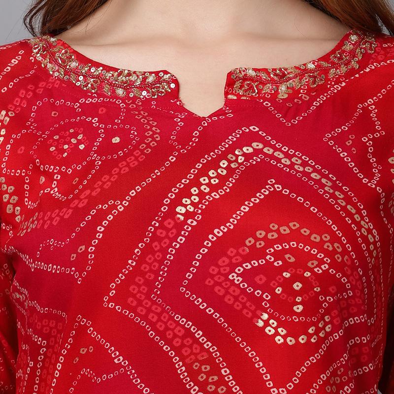 Charvi - Red Orange Badhani Viscose rayon Printed Womens Kurti