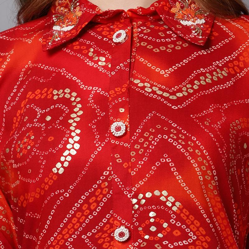 Charvi - Red Orange Badhani Viscose rayon Printed Womens Kurti