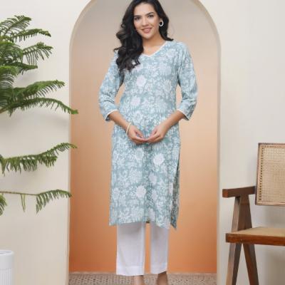 VAASVA - Mint Cotton Printed Straight Kurti