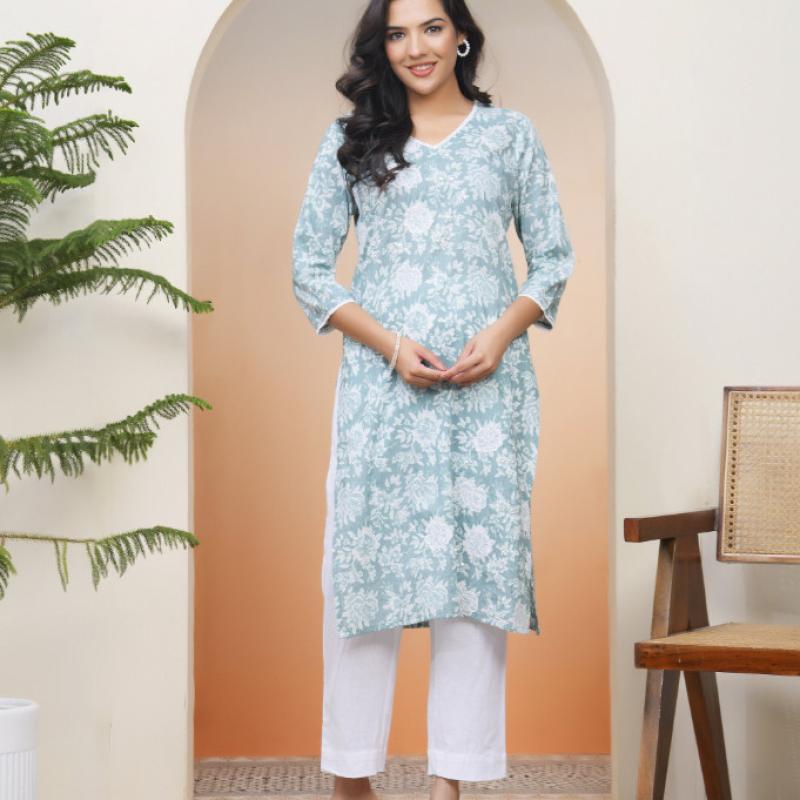 VAASVA - Mint Cotton Printed Straight Kurti