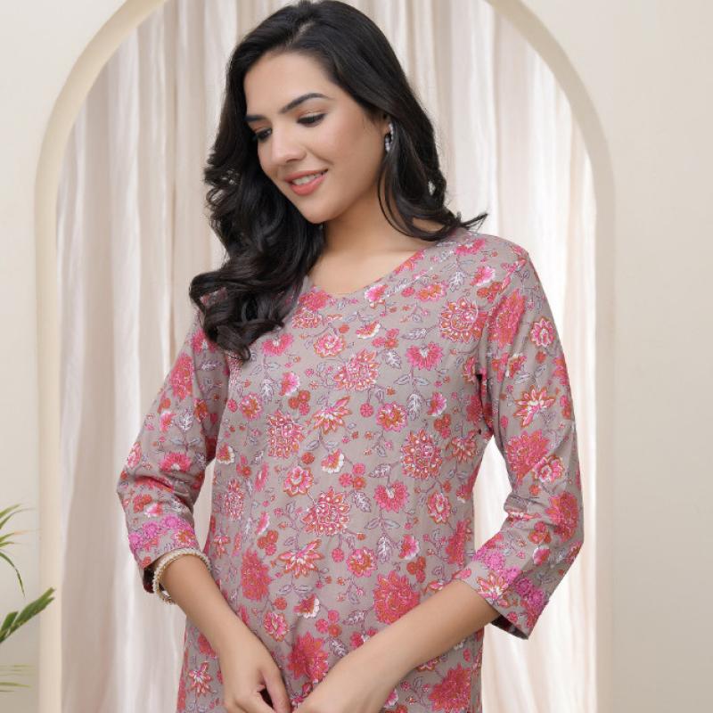 VAASVA - Charcoal Cotton Printed Straight Kurti