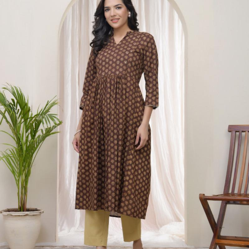 VAASVA - Vaasva Brown Boonta Cotton Printed Gathered Kurti