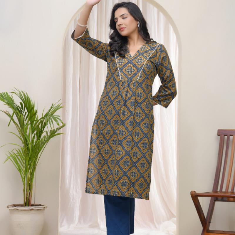 VAASVA - Vaasva Blue Ajrakh Cotton Printed Gathered Kurti