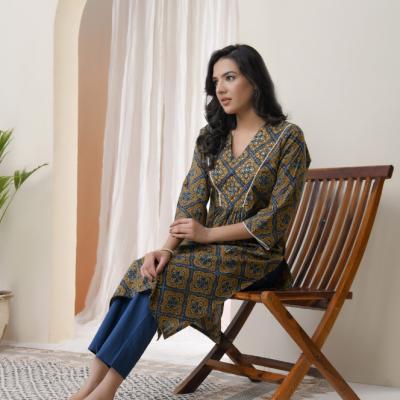 VAASVA - Vaasva Blue Ajrakh Cotton Printed Gathered Kurti