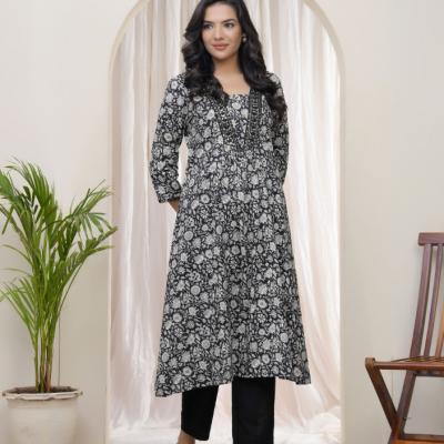 VAASVA - Vaasva Black Floral Cotton Printed Gathered Kurti