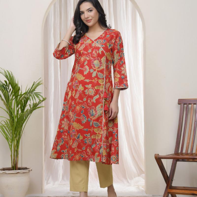 VAASVA - Red Cotton Angrakha Kurta