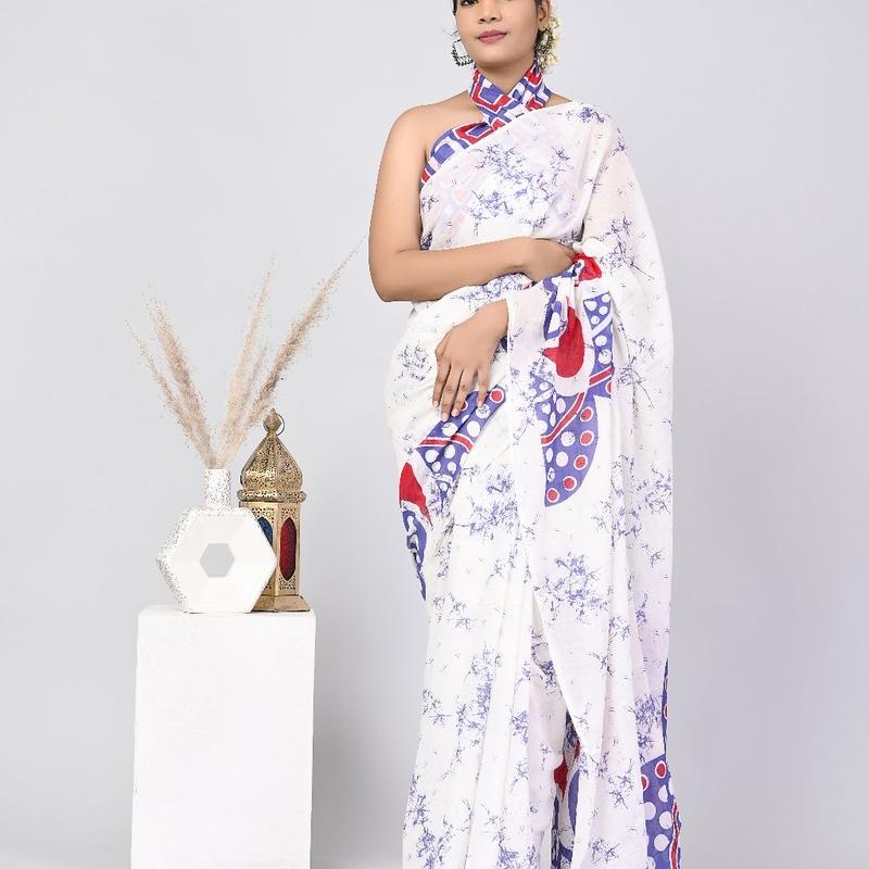 Addey - Cotton Mulmul Printed Saree With Blouse