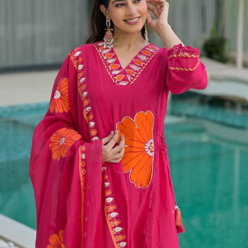 Cotton 60-60 Applic Work Straight Kurti with Pant and Dupatta