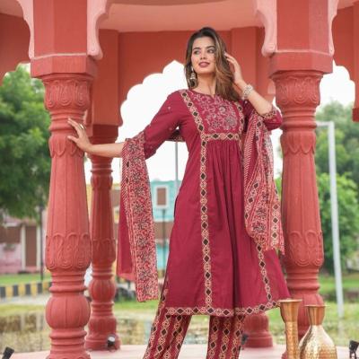 RKS - Cotton Cambric A Line Embroidery Work Kurti with Pant and Dupatta