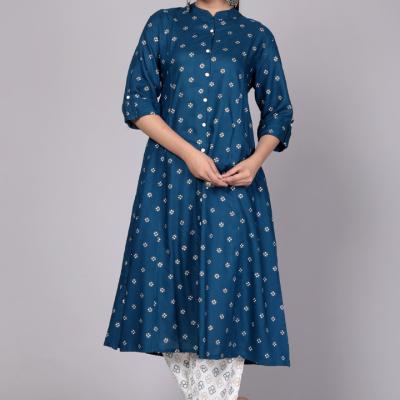 Rayon Gold Printed Princess Cut Kurti with One Side Pocket