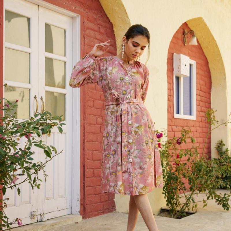 VAASVA - Pink Muslin Floral Printed Knee Length Dress