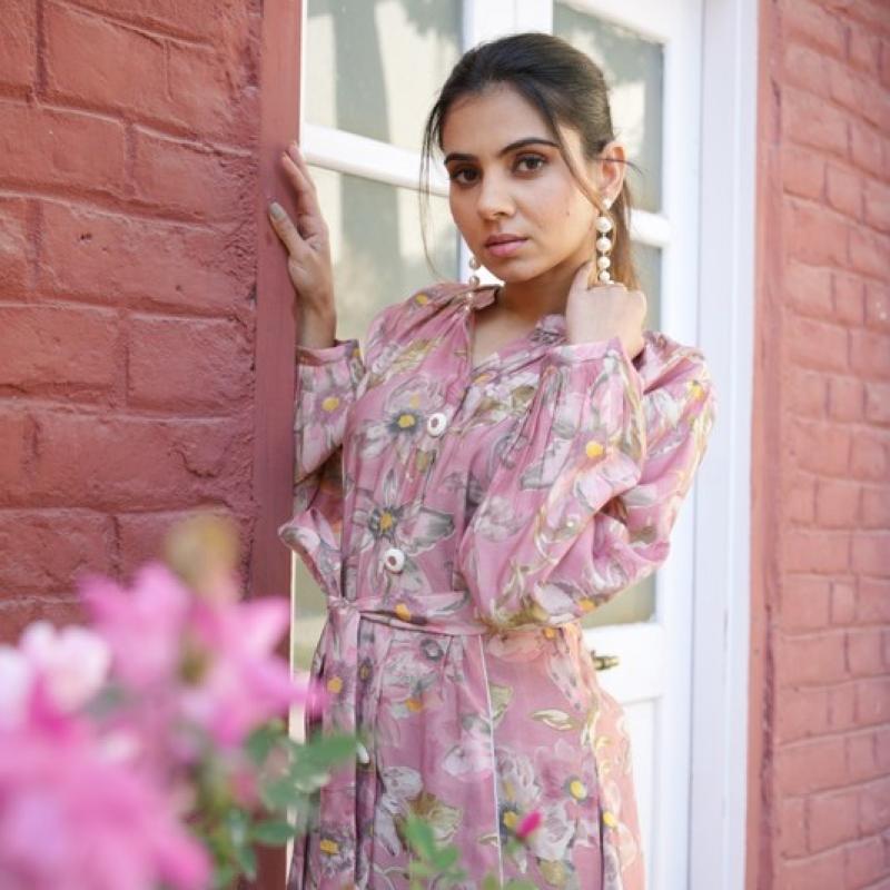 VAASVA - Pink Muslin Floral Printed Knee Length Dress