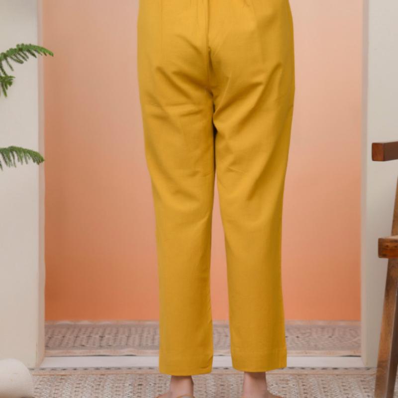 VAASVA - Mustard Cotton Flax Solid Straight Pants