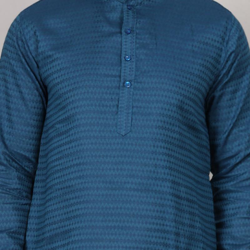 Charvi - Blue Cotton Viscose Blend Self Design Woven Mens Kurta