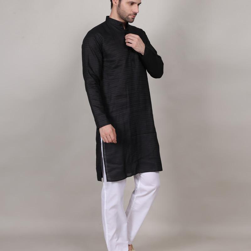 Charvi - Black Cotton Viscose Blend Self Design Woven Mens Kurta