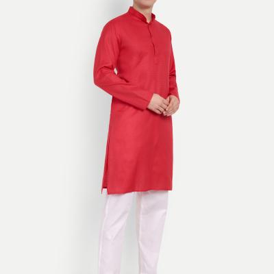 Charvi - Red Self Design Cotton Mens Daily Wear Kurta