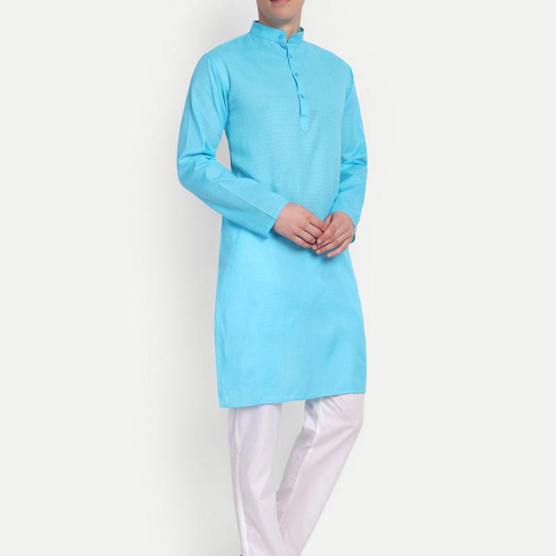 Charvi - Blue Self Design Cotton Mens Daily Wear Kurta