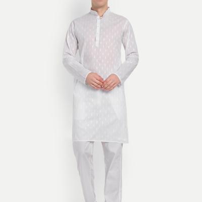Charvi - White Self Design Pure Cotton Mens Daily wear Kurta