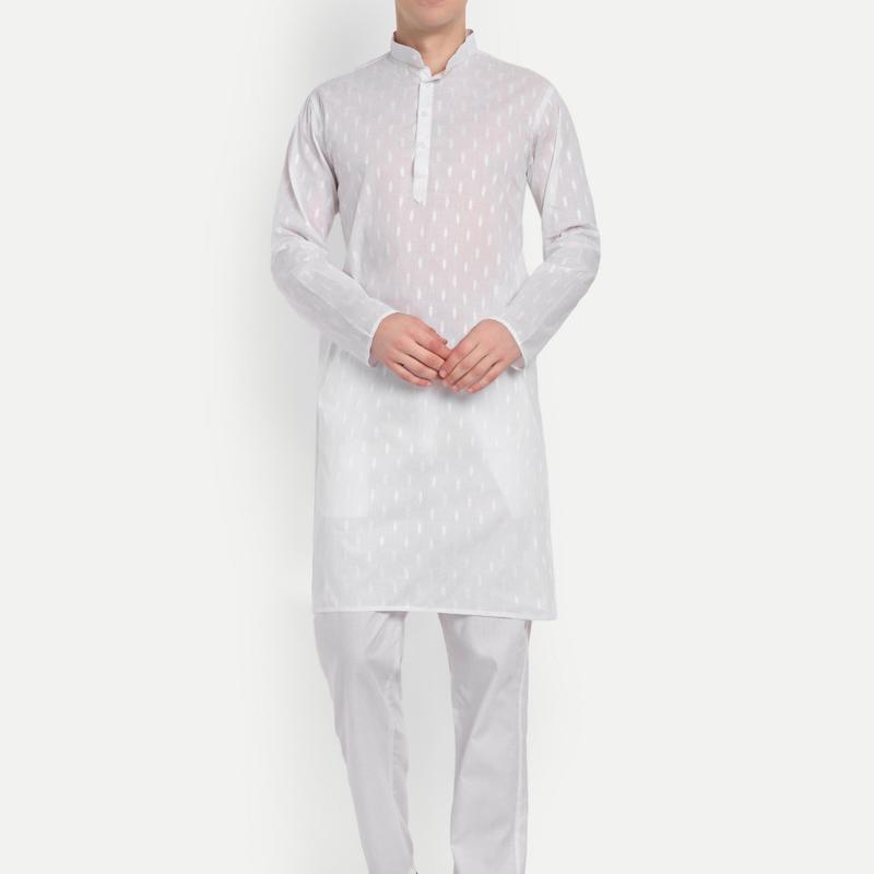 Charvi - White Self Design Pure Cotton Mens Daily wear Kurta