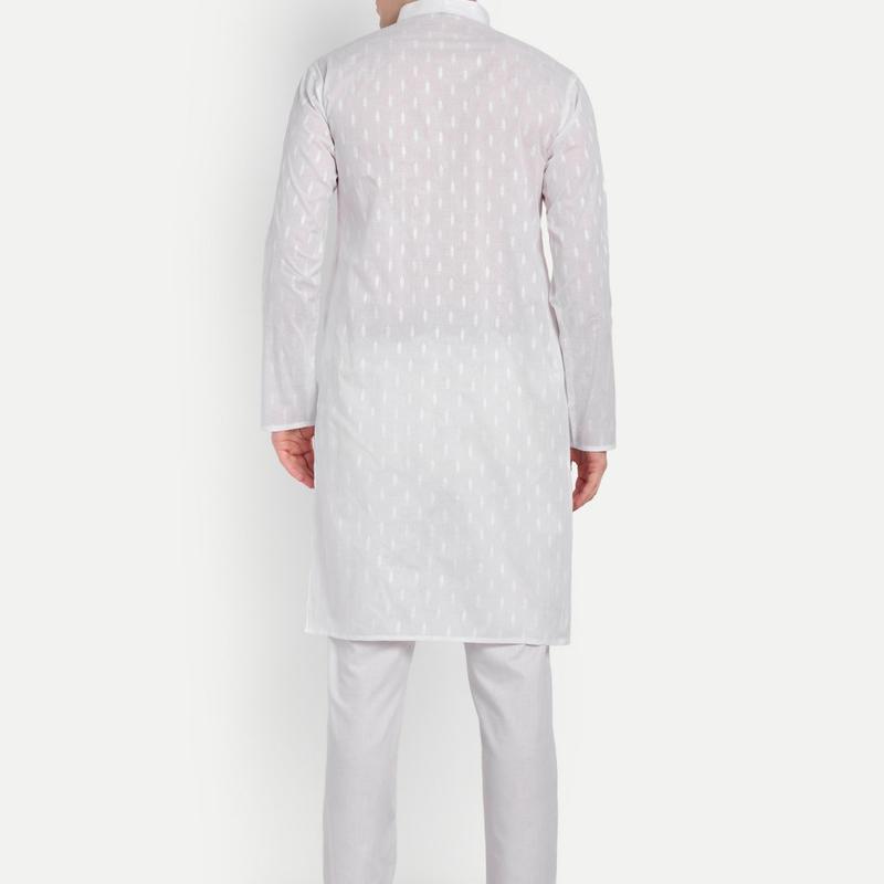 Charvi - White Self Design Pure Cotton Mens Daily wear Kurta