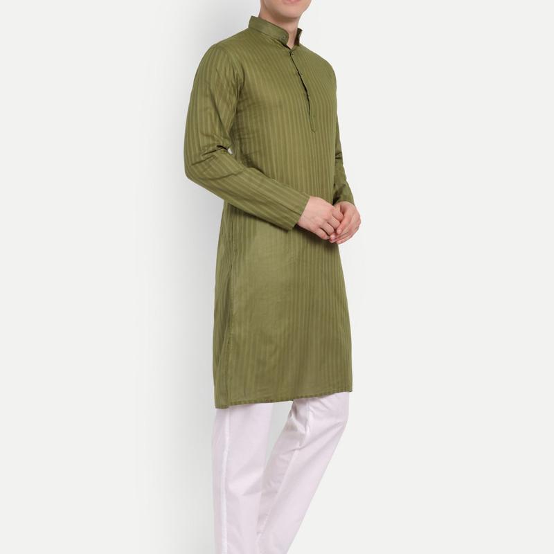 Charvi - Olive Green Self Striped Oure Cotton kurta
