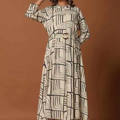 Beige Printed Midi Dress