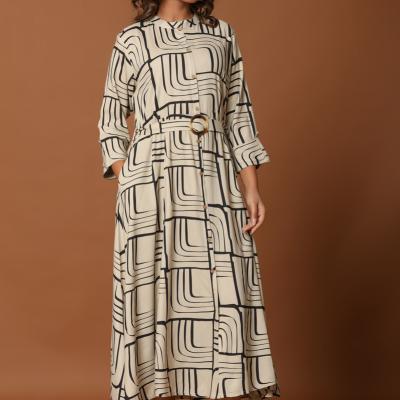 Beige Printed Midi Dress