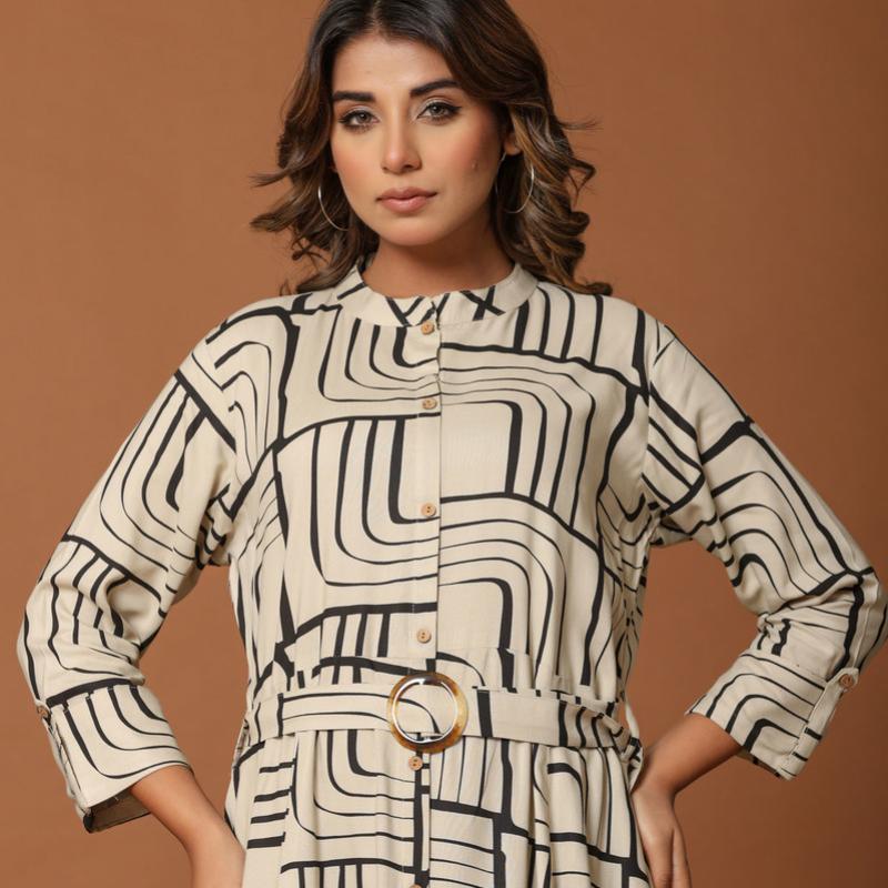 Beige Printed Midi Dress