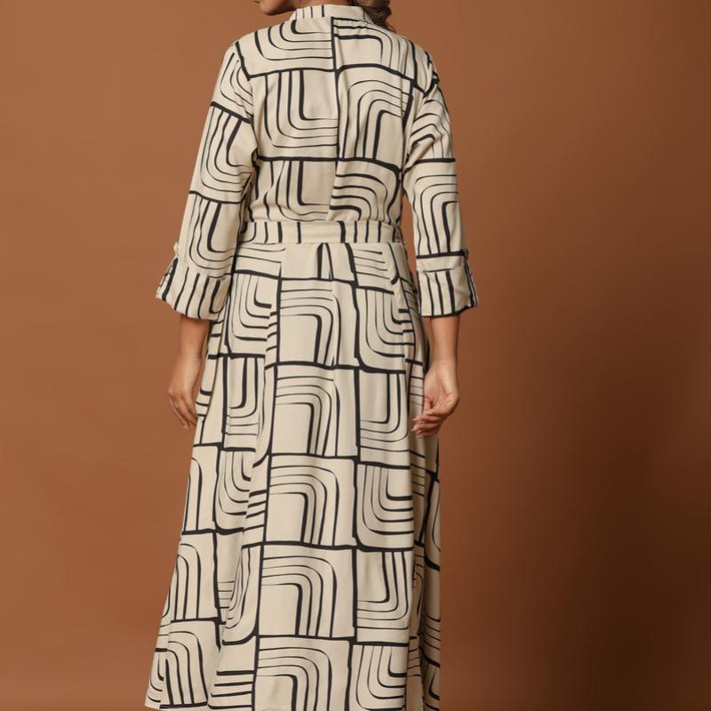 Beige Printed Midi Dress