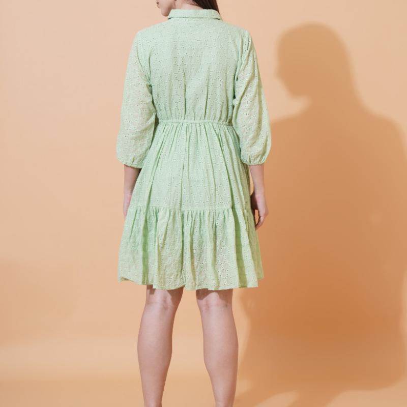 Women Schiffli Solid Puff Sleeve Cotton Shirt Dress