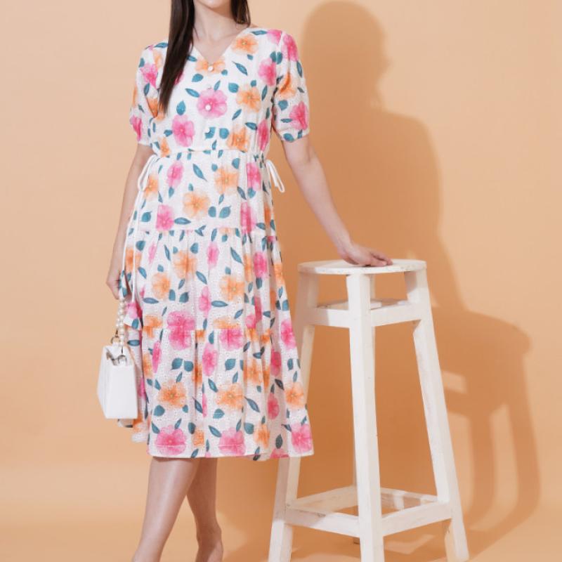 Women Schiffli Printed Floral Fit And Flare Dress