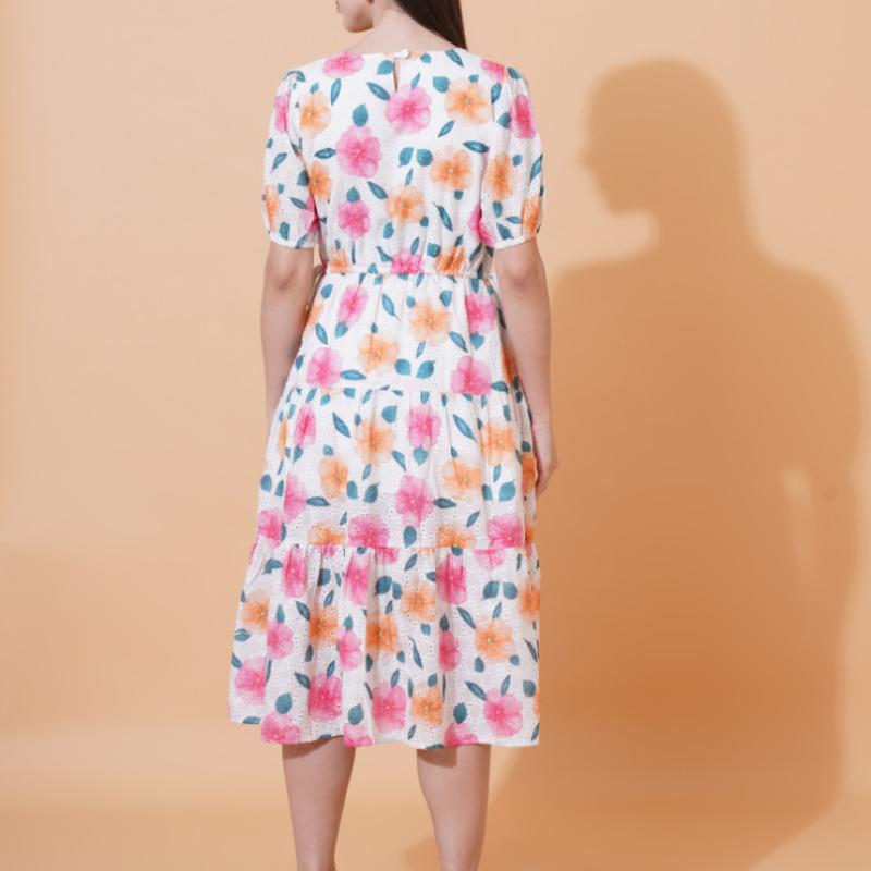 Women Schiffli Printed Floral Fit And Flare Dress