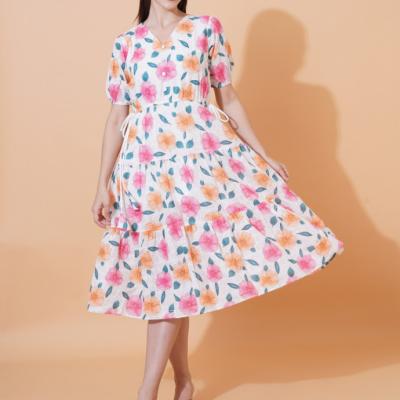 Women Schiffli Printed Floral Fit And Flare Dress