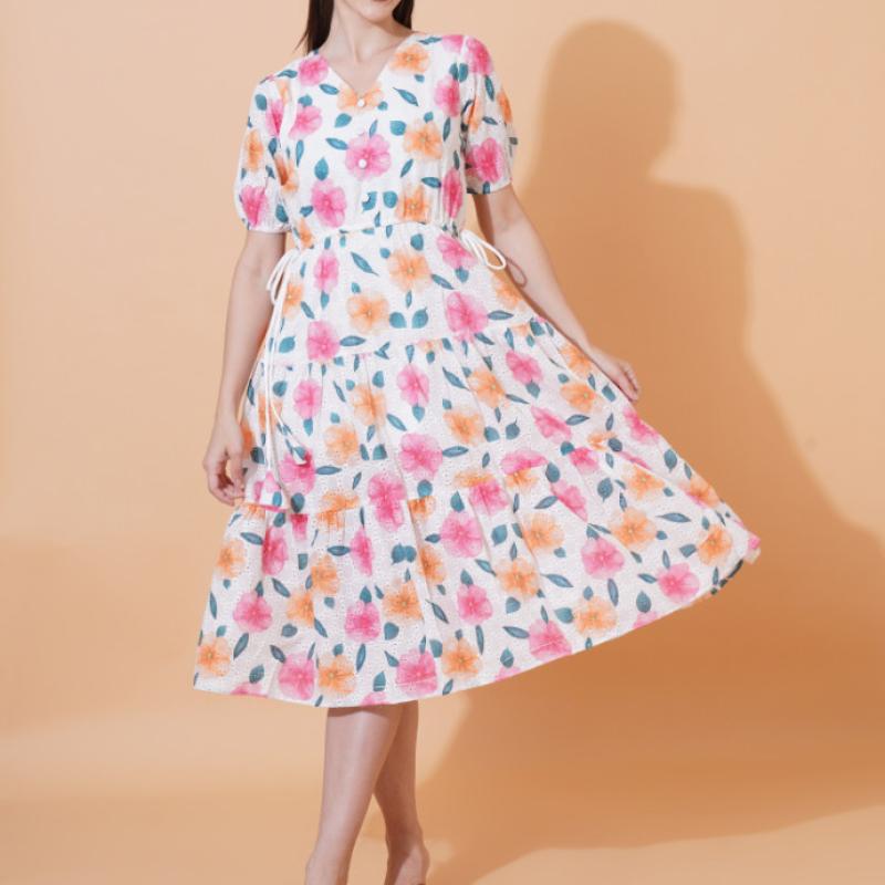 Women Schiffli Printed Floral Fit And Flare Dress