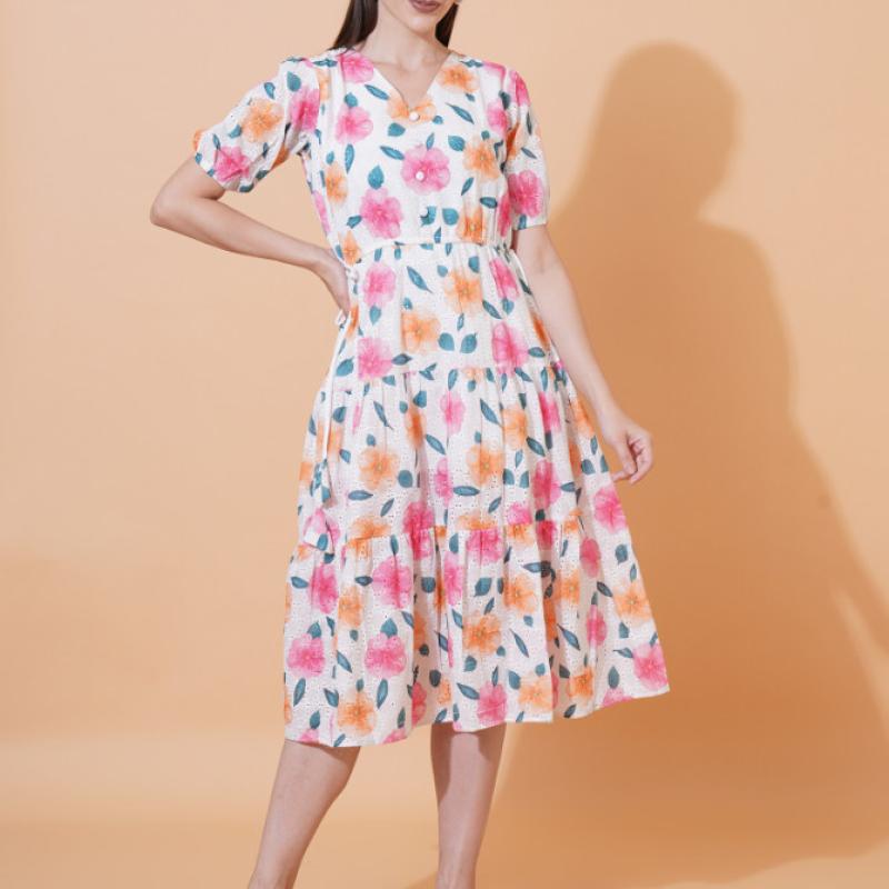 Women Schiffli Printed Floral Fit And Flare Dress