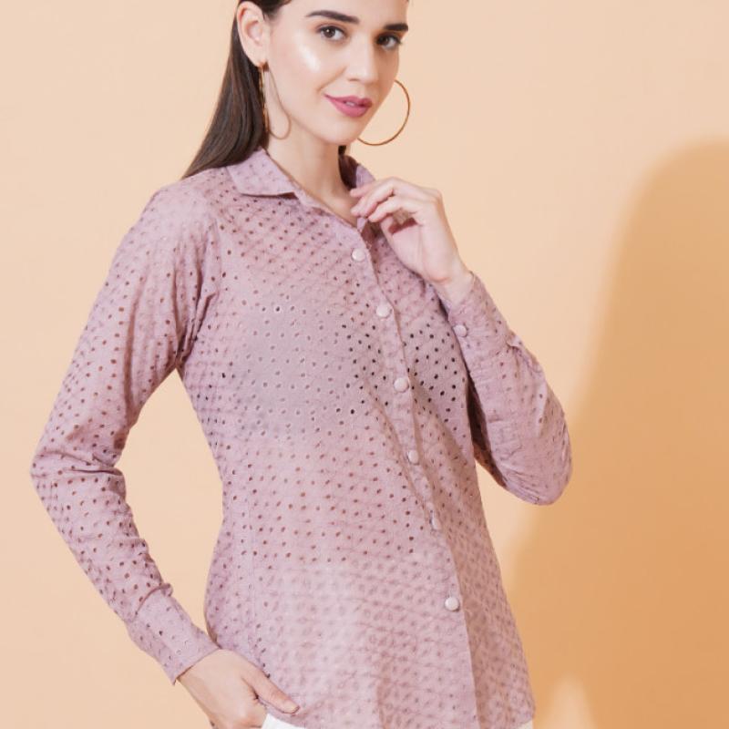 Women Solid Schiffli Work Full Sleeve Shirt