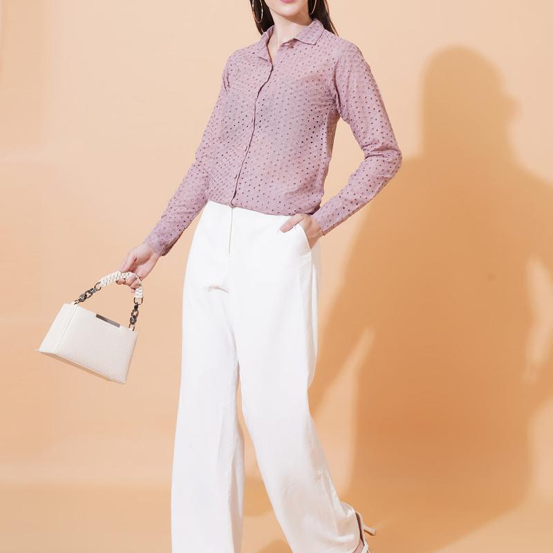 Women Solid Schiffli Work Full Sleeve Shirt