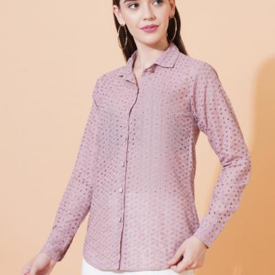 Women Solid Schiffli Work Full Sleeve Shirt