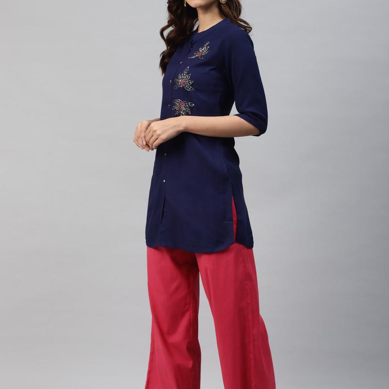 Rayon Casual 3/4 Sleeve Solid Women Blue Top