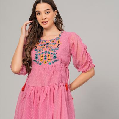 Jessie - Women Pink Crape Dobby Flair Dress