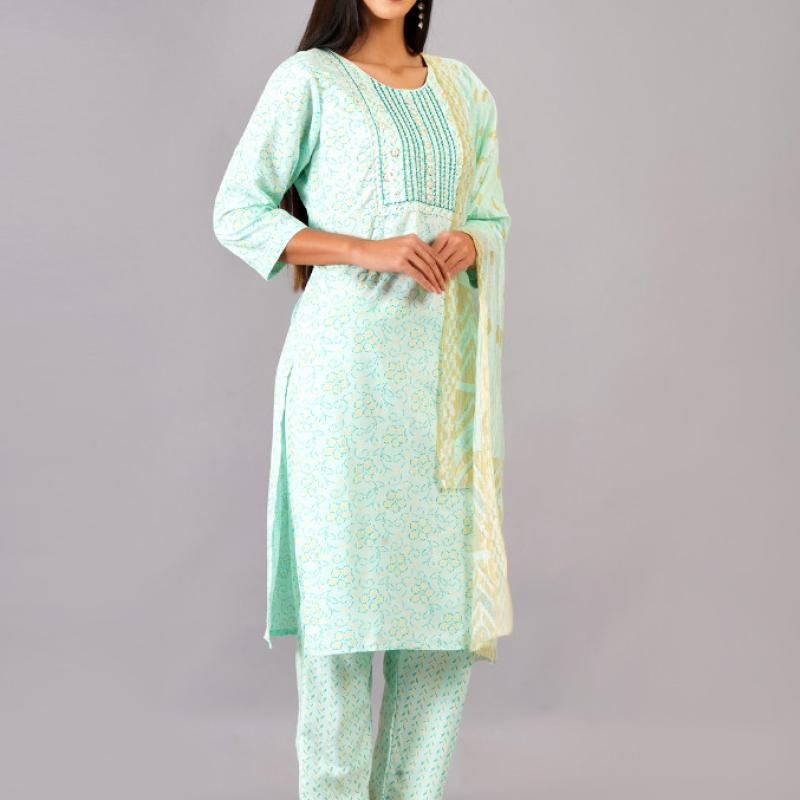Jessie - Viscose Rayon Printed Embroidery Work Kurti With Pant And Dupatta